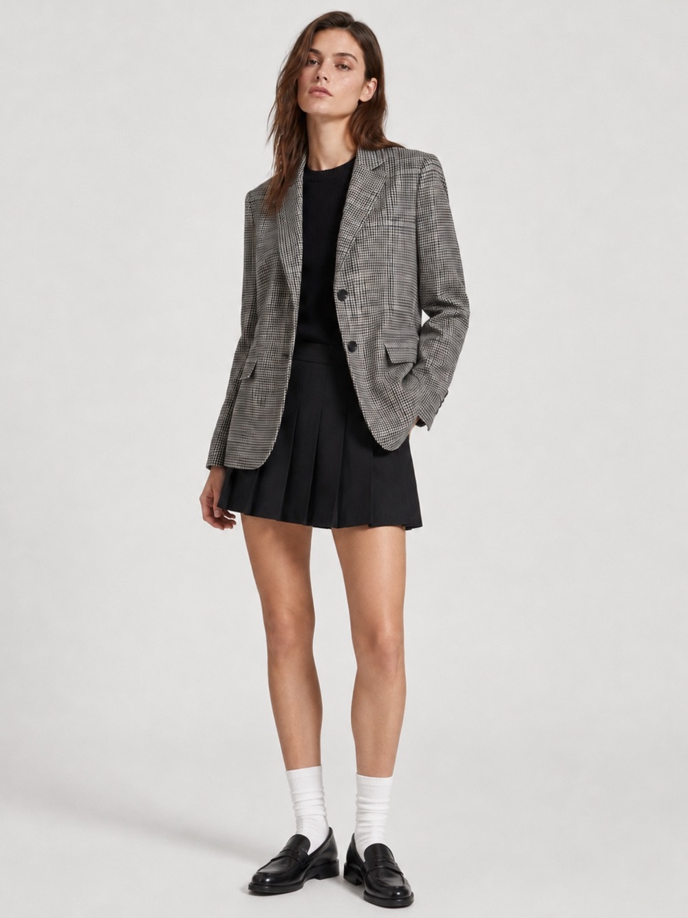 ZARA Houndstooth Black Brown Blazer Jacket XS Overall Preppy Fall Office